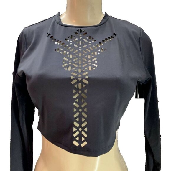 Spyder XL Black Laser Cut Detail Long Sleeve UV Protection Crop Rash Guard - Picture 4 of 7